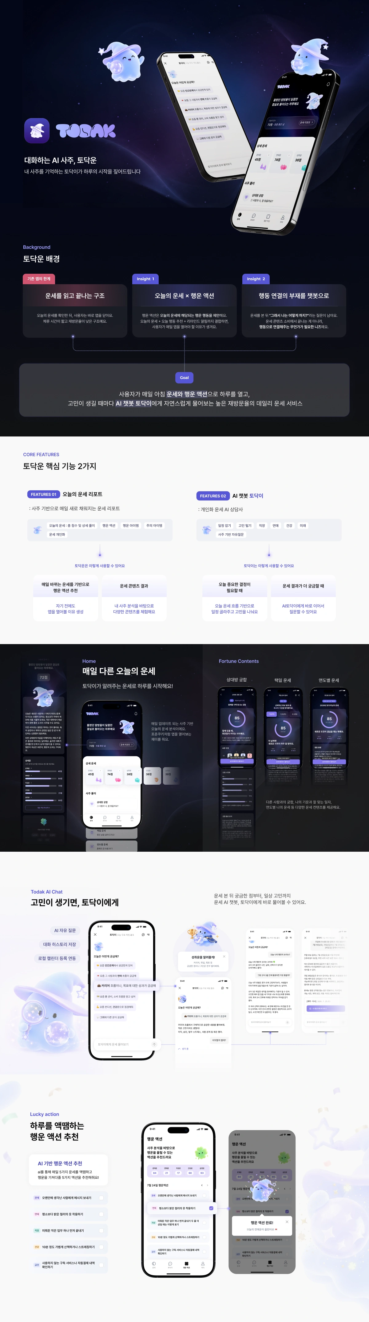 토닥운 팀 소개 이미지: 대화하는 AI 사주 서비스와 대표 화면